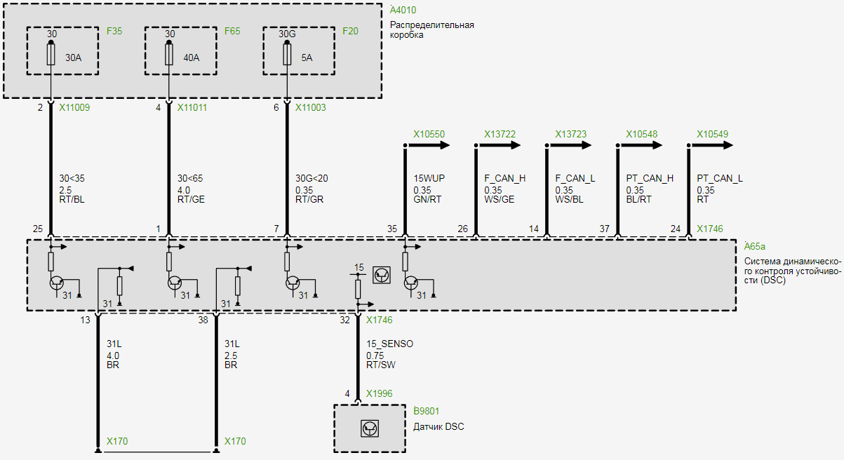 Электросхема питания системы динамического контроля устойчивости (DSC) Bosch BMW E87 (с 2007_03)