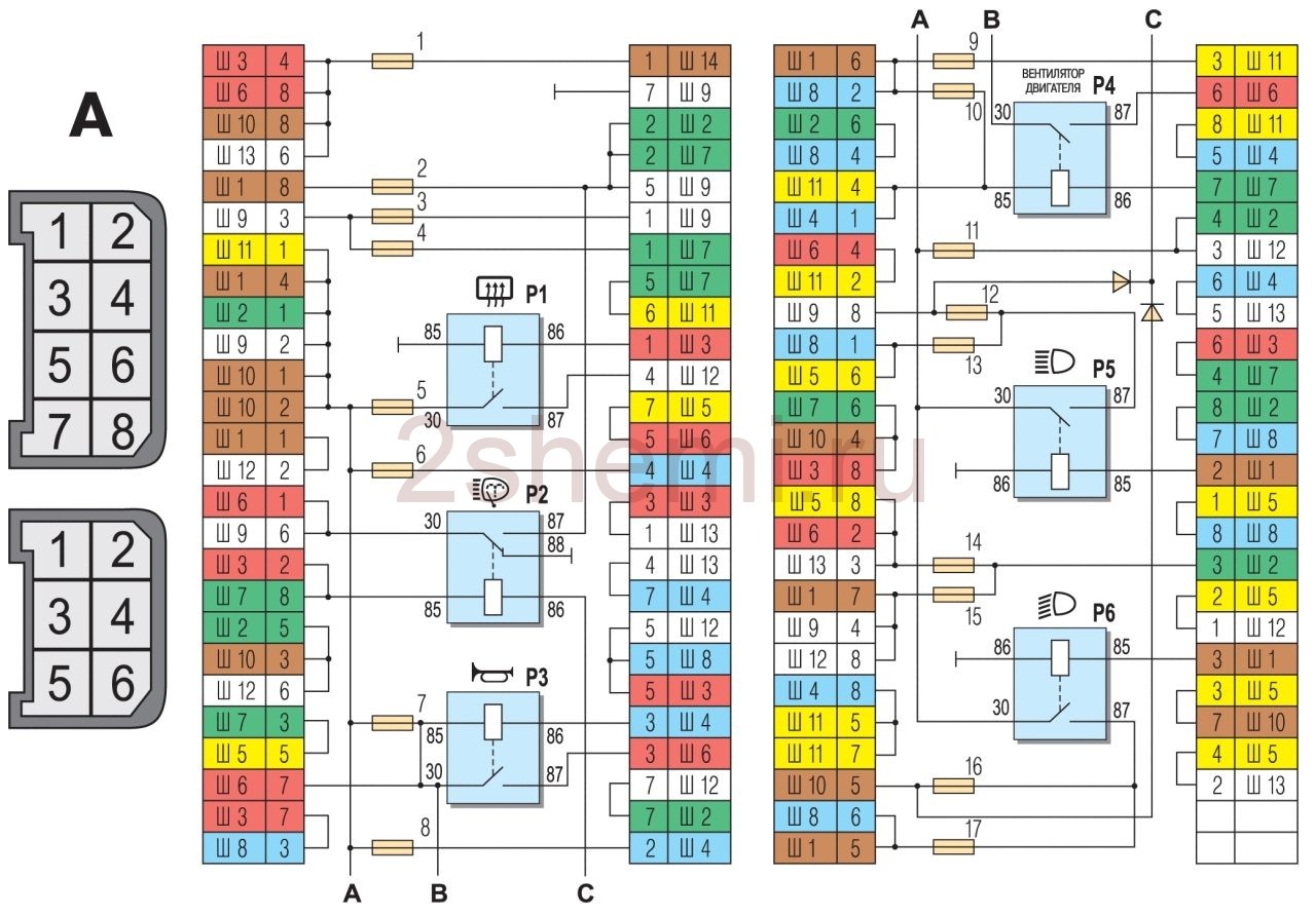 Электросхема соединений монтажного блока ВАЗ 2107