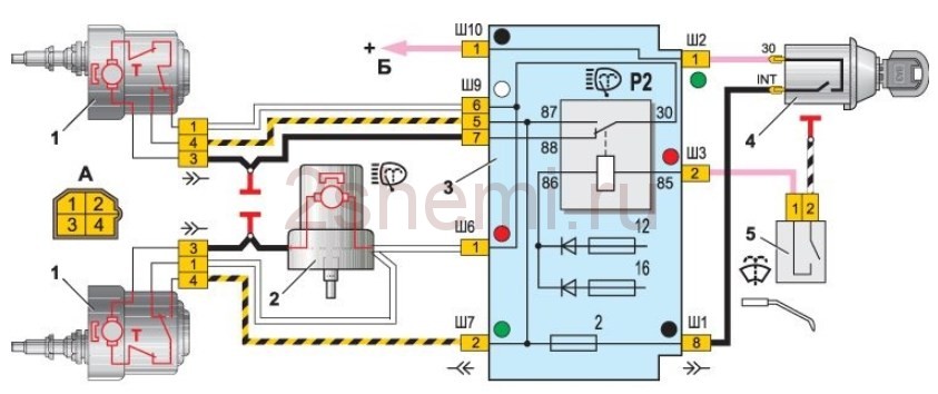 Электросхема стеклоочистителей и омывателей ВАЗ 2107